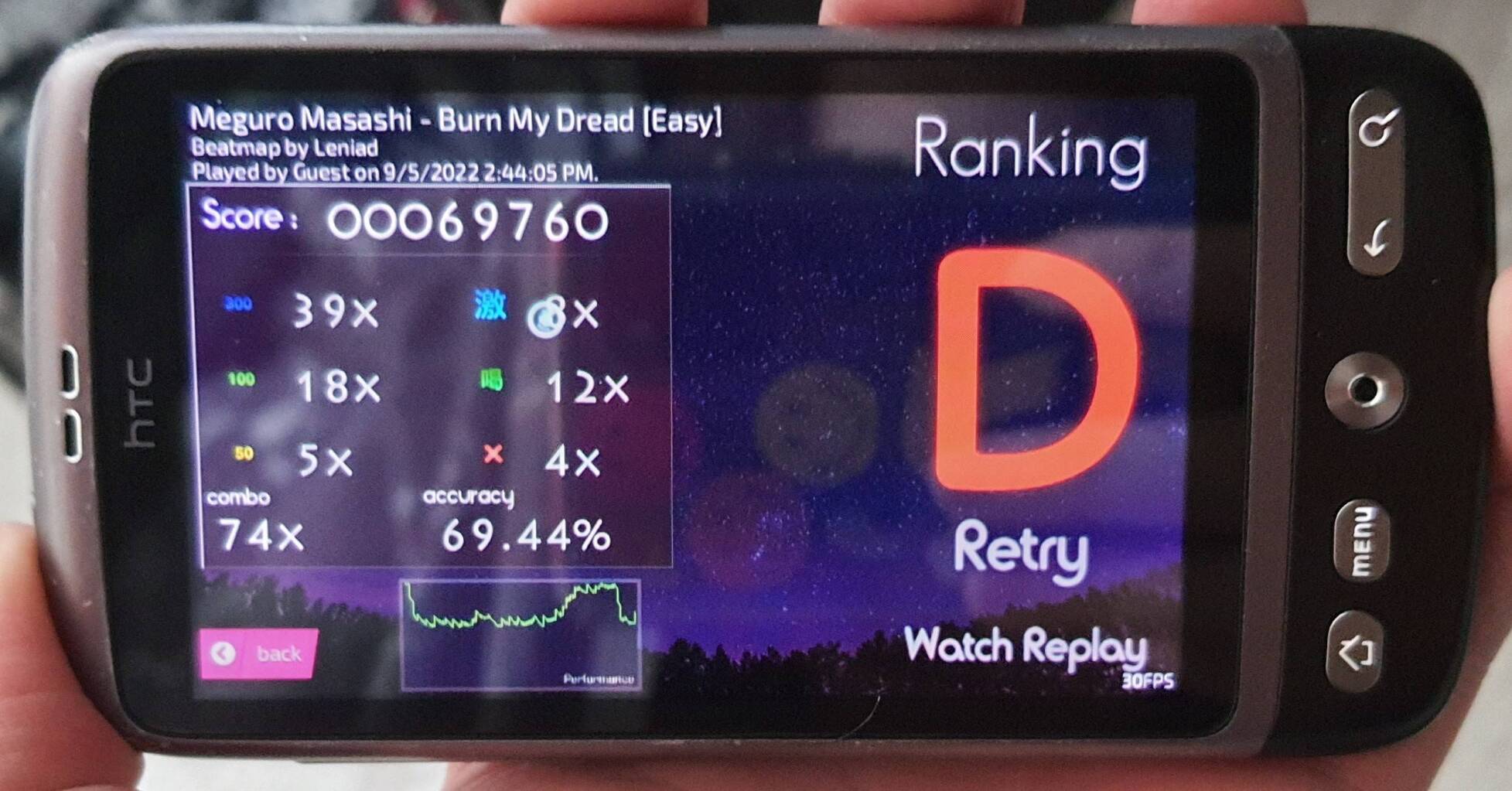 the HTC desire running opsu, an osu client